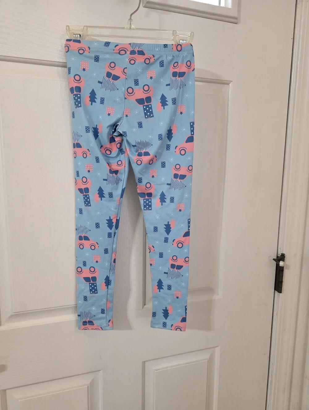 Dot Dot Smile Light Blue Leggings with Pink Car Print